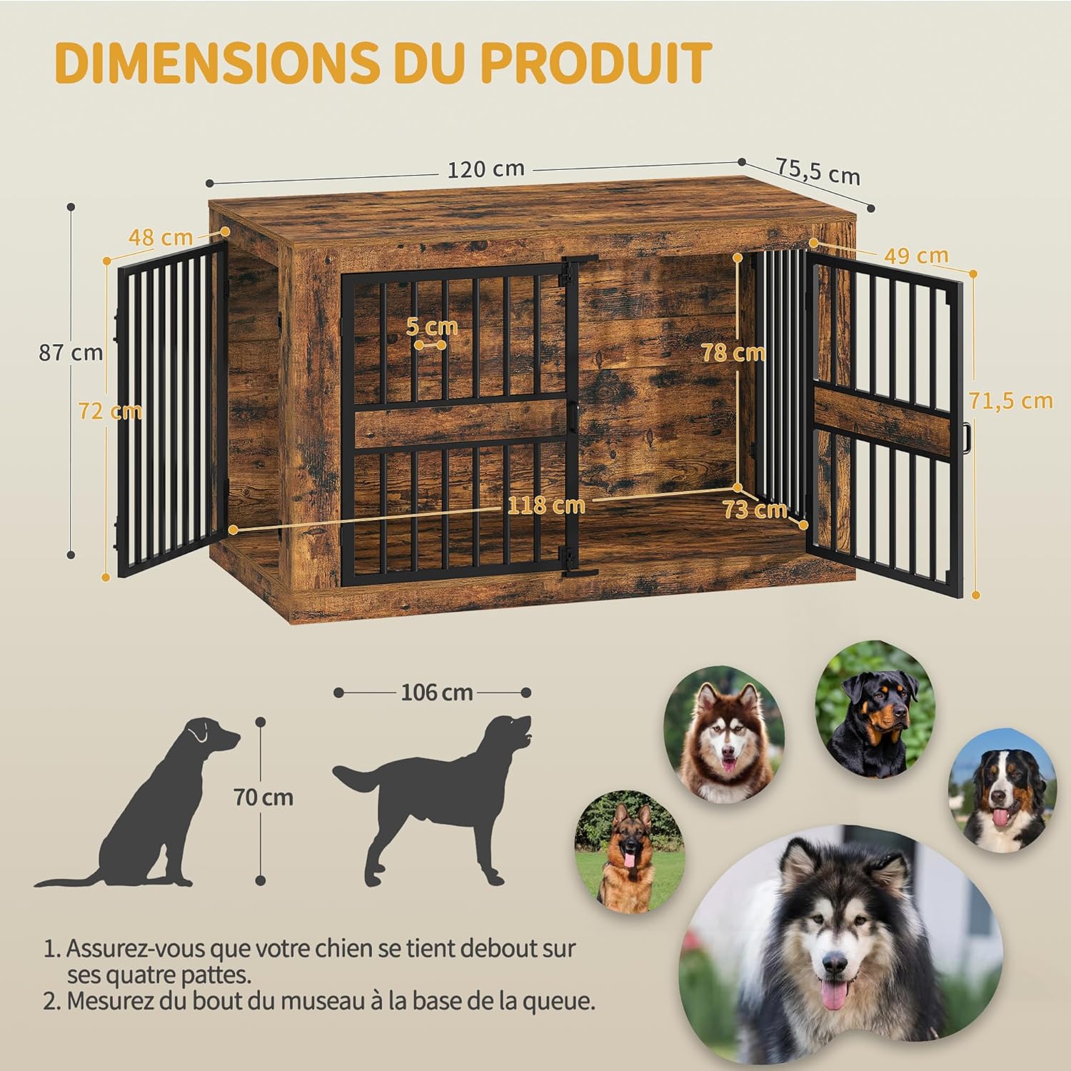Cage pour Chien, 120 cm Niche d'Intérieur en Bois Design Moderne 4 Portes, XXL Table d'Appoint Salon pour Chien Moyens et Grands, 120 x 75,5 x 87 cm, Marron Rustique 9220101B