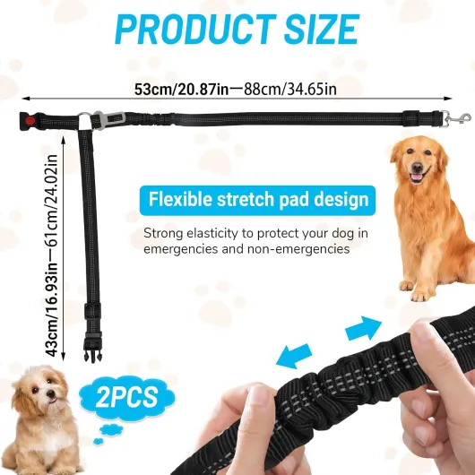 2 PCS Sécurité Chien Voiture,Voiture Ceinture 45-80cm avec Laisse Voiture, Harnais Voiture Chien, Laisse Double, Mousqueton Sécurisé, Absorption Chocs, Nylon Résistant