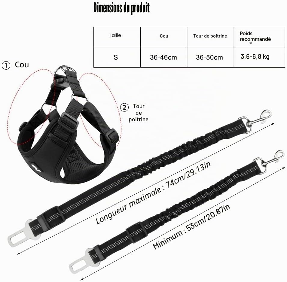 Ensemble de Harnais et Laisse de Sécurité de Voiture, Harnais Voiture Chien en Maille Douce et Respirante, 53 cm-74 cm Ceinture de Sécurité éLastique Réglable à Fixer Sur le Siège de Voiture (Noir, S)