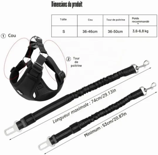 Ensemble de Harnais et Laisse de Sécurité de Voiture, Harnais Voiture Chien en Maille Douce et Respirante, 53 cm-74 cm Ceinture de Sécurité éLastique Réglable à Fixer Sur le Siège de Voiture (Noir, S)