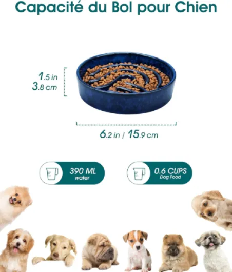 Gamelle Anti Glouton pour Chien, 390ml Gamelle pour Petit Chien, Gamelle Chien Céramique Favorise Alimentation Saine et Digestion Lente, Bleu 390 ml Bleu