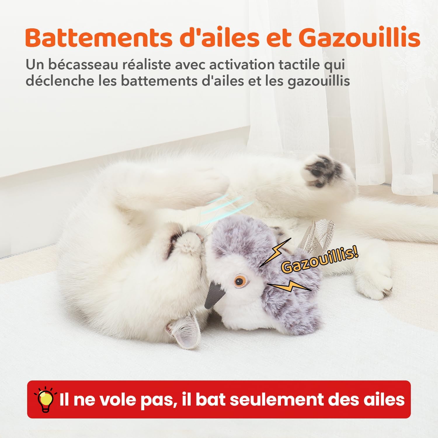 Potaroma Jouet pour Chat en Forme d’Oiseau, Oiseau Réaliste Qui Bat des Ailes avec Son et Mouvement, Rechargeable par USB, Jouet Interactif- bécasseau Bécasseau Blanc, Gris et Noir