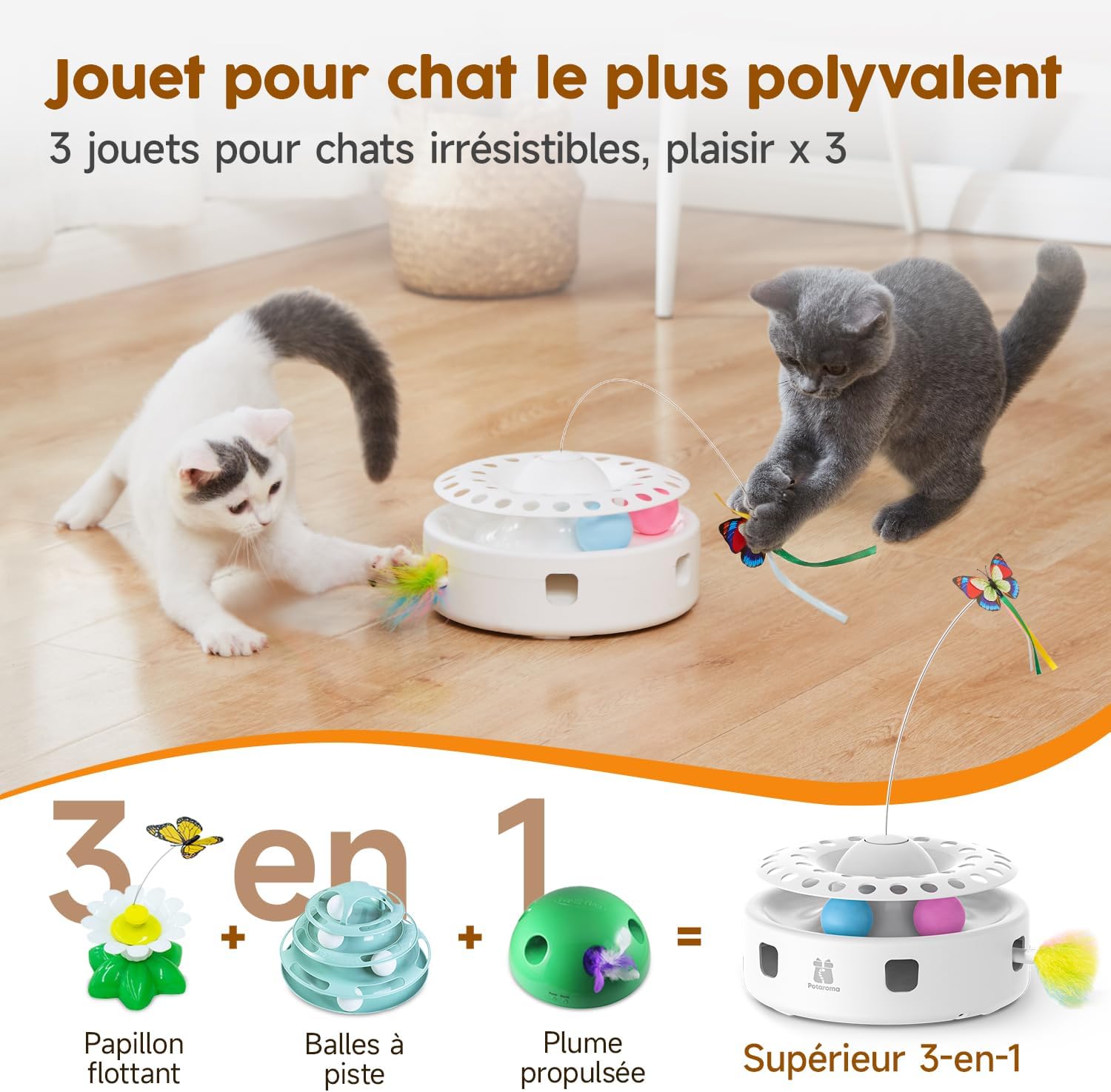 Potaroma Jouet Interactif Automatique 3-en-1 pour Chats d’Intérieur – Plumes Mobiles, Papillon Volant & Balles de Piste, Double Alimentation USB ou Piles Jouet pour chat 3 en 1 blanc brillant