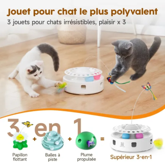 Potaroma Jouet Interactif Automatique 3-en-1 pour Chats d’Intérieur – Plumes Mobiles, Papillon Volant & Balles de Piste, Double Alimentation USB ou Piles Jouet pour chat 3 en 1 blanc brillant