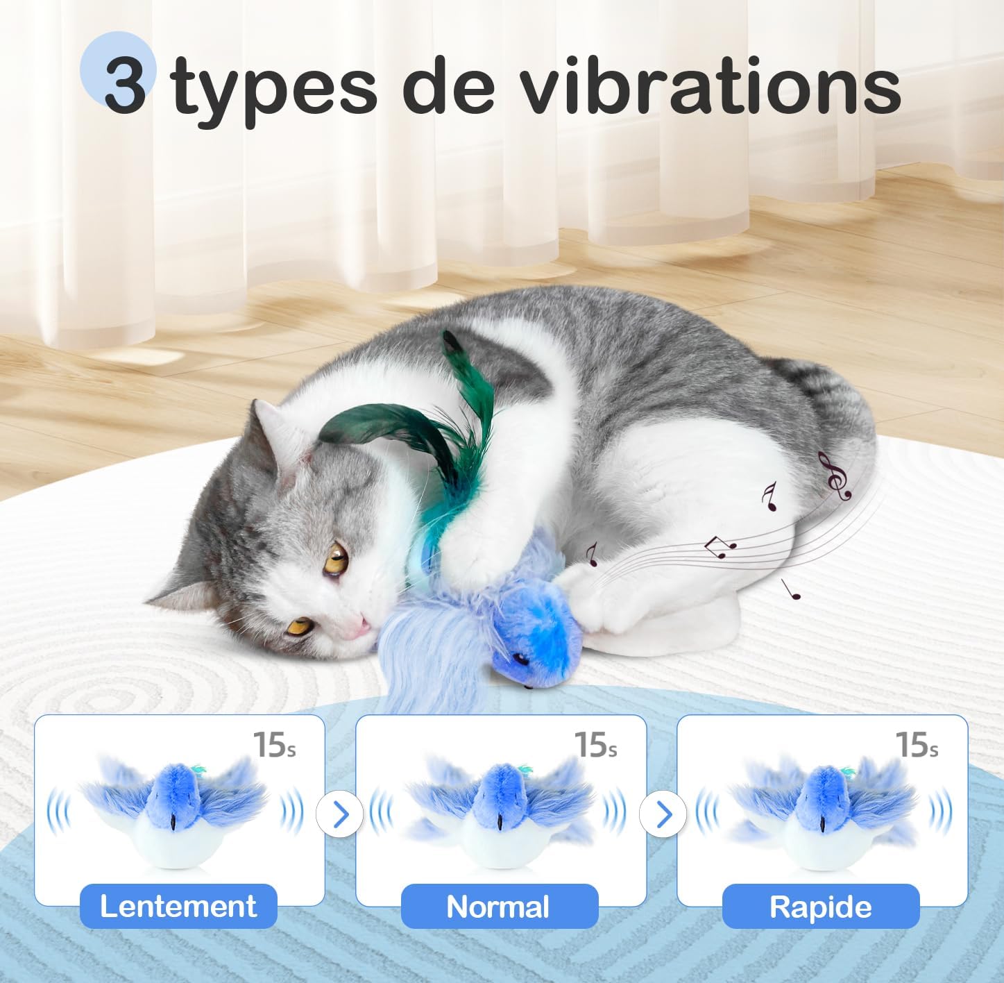 Jouet interactif électrique pour Chat - Jouet en Peluche pour Chaton - Réels battements et gazouillements comme Un Oiseau - Rechargeable - avec Herbe à Chat (Oiseau Bleu)