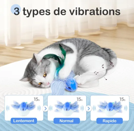 Jouet interactif électrique pour Chat - Jouet en Peluche pour Chaton - Réels battements et gazouillements comme Un Oiseau - Rechargeable - avec Herbe à Chat (Oiseau Bleu)