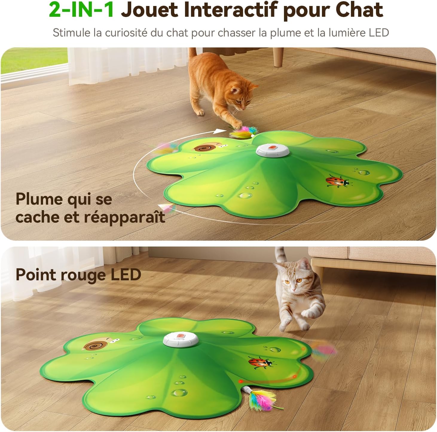 Jouet Chat Interactif, Point Rouge LED Mobile, Plumes Mobiles Dissimulées, Jouets pour Chats Rechargeable pour Intérieur, Canne à Plume pour Chats Adultes Ennuyés Escargot
