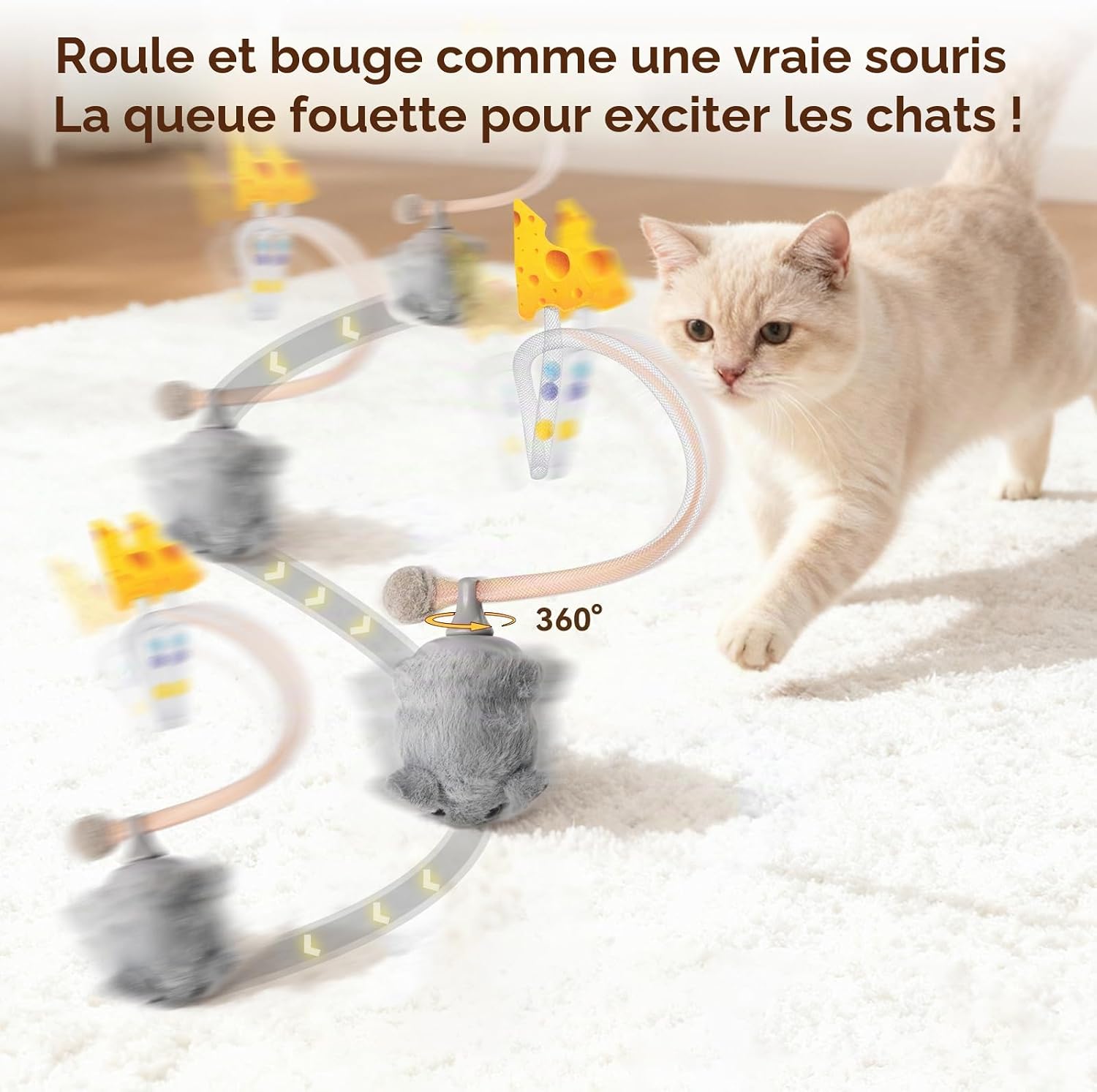 Jouet interactif pour Chat, Souris électrique roulante avec Queue Qui remue, capteur Intelligent, couinement, Jouet pour Chat avec Herbe à Chat, Rechargeable souris grise