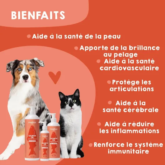 Huile de Saumon pour Chiens et Chats 100% Naturelle Norvégien 1L Riche en Oméga 3 6 et 9 Pressée à Froid Supplément Barf Antipelliculaire et Anti-Inflammatoire Maikai 1000 ml