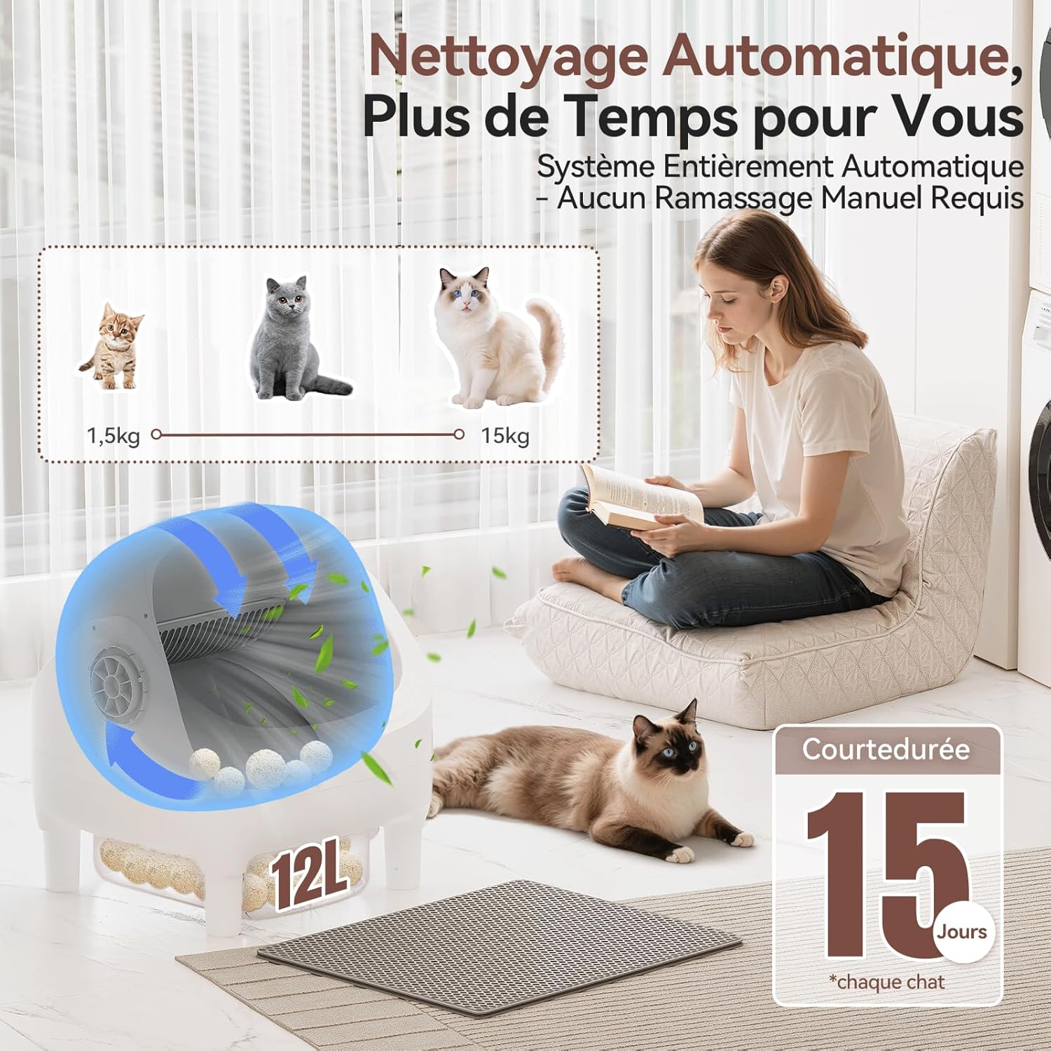 JUMMICO Litière pour Chat Autonettoyante XXL, Design Ouvert, Litière Automatique Contrôlée par APP, 15 Jours Autonettoyant, Convient aux Chats Jusqu'à 15 kg, Idéale pour Plusieurs Chats XXL-1