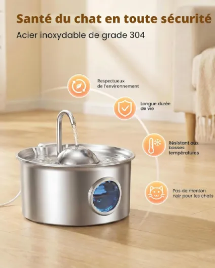 Fontaine a Eau Chat Inox: Fontaine à Eau pour Chat - 2,6L Fontaines Chats Acier Inoxydable Automatique - Distributeur Eaus Chats Ultra Silencieux - Distributeur Chien avec Robinet Forme hémisphérique Fontaine chat