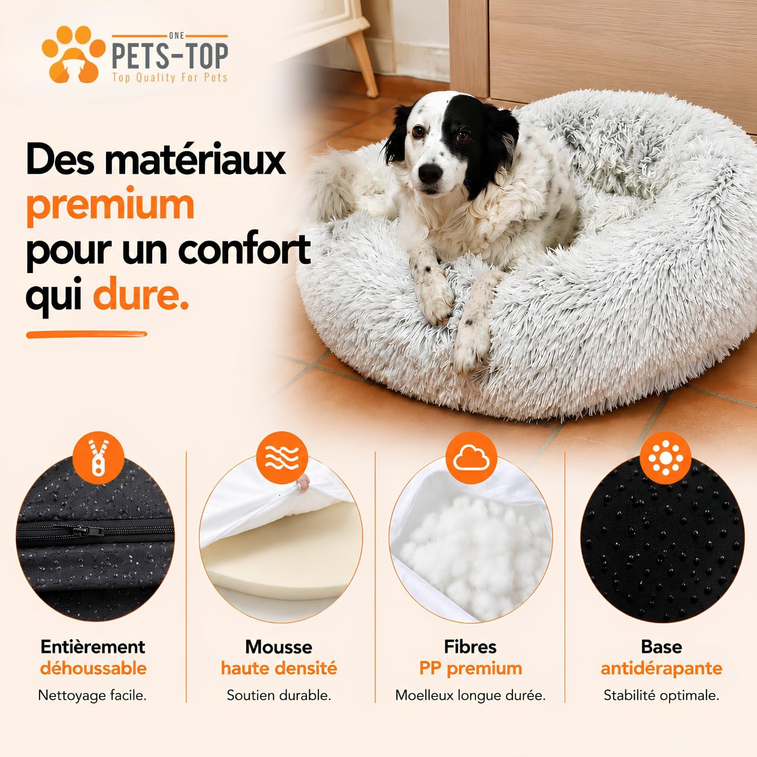 One PETS-TOP Panier Chien, Coussin Chien Dehoussable, Panier Chat Rond Lavable, Forme Donut, Matelas Apaisant Anti Stress 60cm Gris L 60 x l 60 x H 17 cm Gris Perle