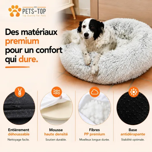 One PETS-TOP Panier Chien, Coussin Chien Dehoussable, Panier Chat Rond Lavable, Forme Donut, Matelas Apaisant Anti Stress 60cm Gris L 60 x l 60 x H 17 cm Gris Perle