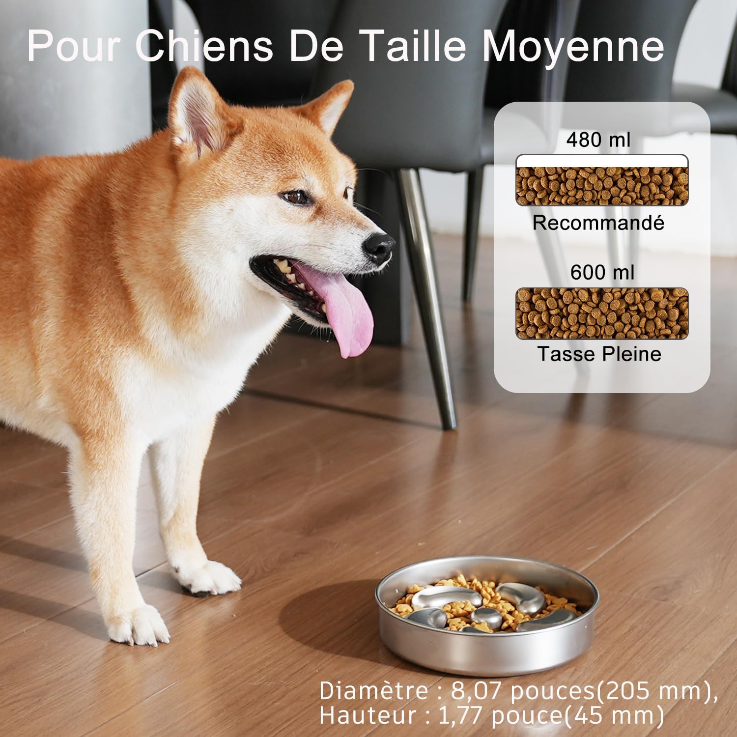 Gamelle Anti Glouton,Double paroi Acier Inoxydable,480 ML- Qualité Alimentaire Gamelle Chien Anti Glouton,Antidérapant&Labyrinthe Gamelle INOX Chien pour Chiens Moyens/Petits et Grands Chats