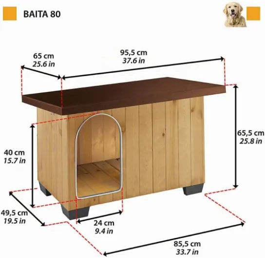 Niche pour chiens Maisonnette BAITA 80 en bois FSC, Pieds isolants en plastique, Porte anti-morsures en aluminium, Toit ouvrant 95,5 x 65 x h 65,5 cm
