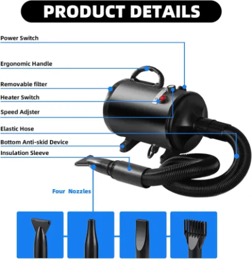 Pulseur Chien Professionnel Souffleur Chien Séchoir Sèche-Poils Toilettage Sèche-Cheveux pour Chien 2800W Sèche-Cheveux pour Animaux Vitesse Continue et température réglable avec 4 Buses (Noir)