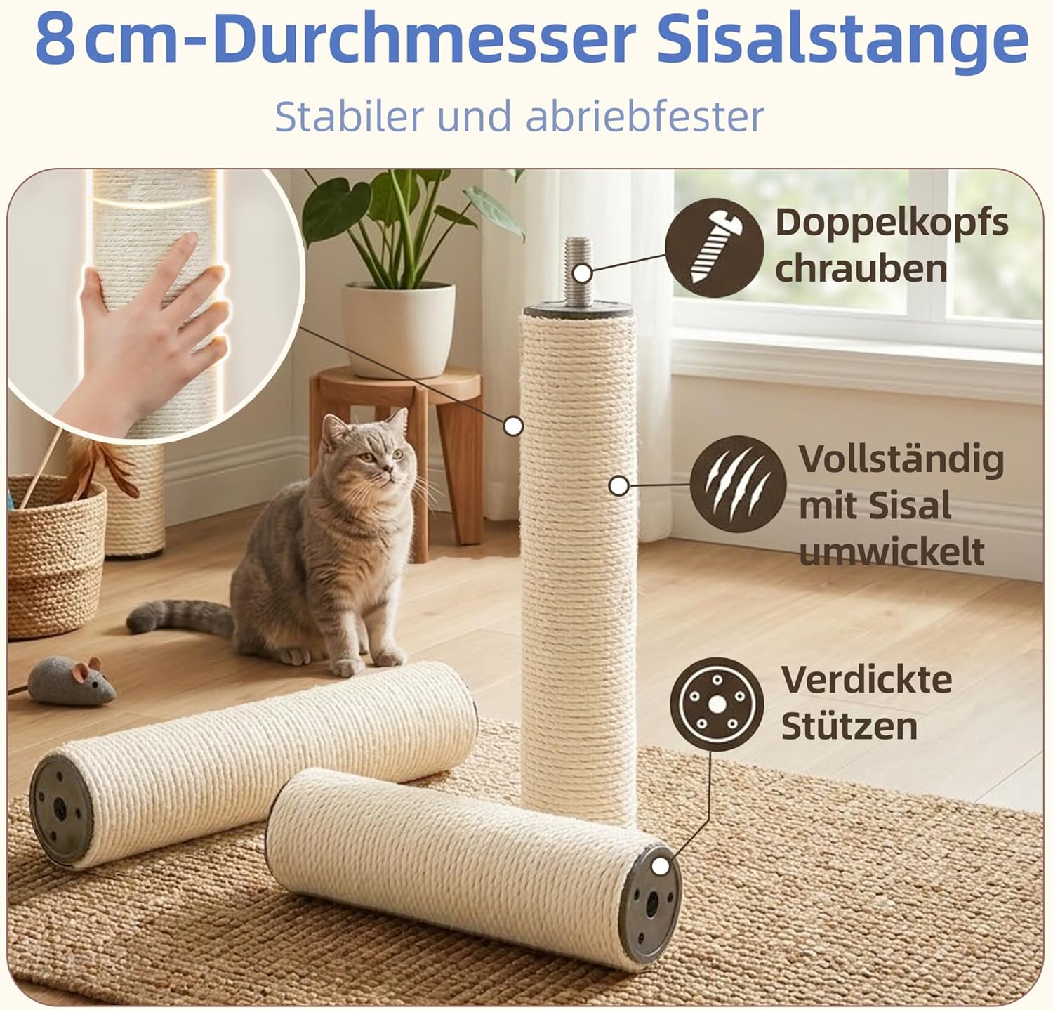 Hey-brother Arbre à Chat, Tour de Jeu pour Chats pour Grands Chats et Maine Coon, avec piliers en sisal 8cm, 2 Plateformes, 2 paniers, Grande Niche et Accessoire de Brosse à Chat, Gris Clair MPJ02W