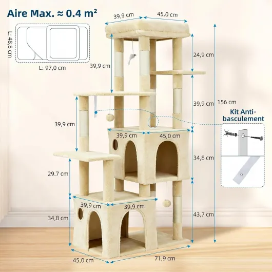Arbre à Chat Multi-Niveaux 157cm pour Grands Chats et Maine Coon – Perchoir XXL, 2 Condos spacieux, Plateformes élargies, poteaux griffoirs Robustes en sisal Naturel, hamac, Jouets Suspendus – Beige