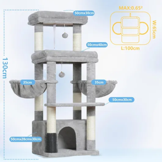 Hey-brother Arbre à Chat, Tour de Jeux pour Chats spécifique pour Les Chats Grands et Les Maine Coon, avec 2 Grandes Plateformes, 2 hamacs, Un Grand Niche Un Peigne à toilettage, Gris Clair MPJ070W