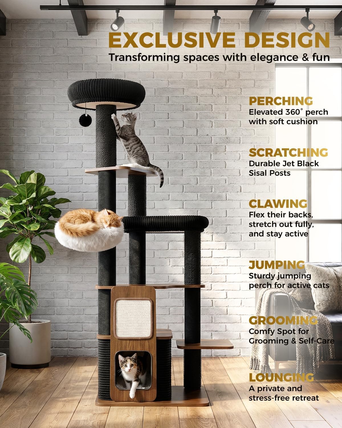 Arbre à Chat 160 cm Design Moderne pour Grand Chat et Maine Coon, Arbre à Chat Stable avec Grand Perchoir, Poteaux Griffoirs en Sisal, Niche et Plateformes, Noir