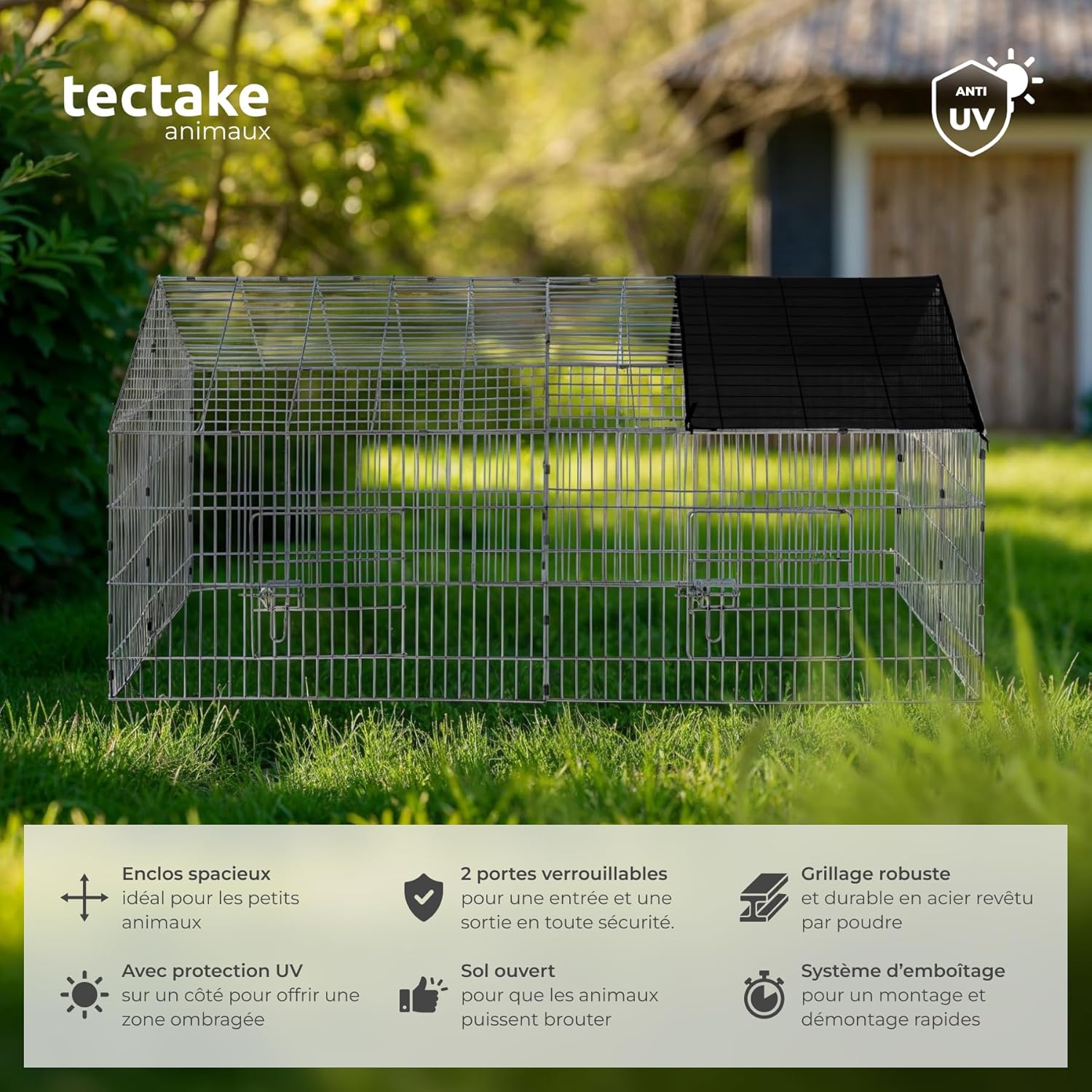 ® Clapier Lapin Exterieur Cage Cochon d'Inde Cage Lapin & Autres rongeurs 180 x 75 x 75 cm en Métal avec Parc XXL Sol sans Fond 2 Portes verrouillables & Protection Pare-Soleil Toit Toit noir - no - 402421
