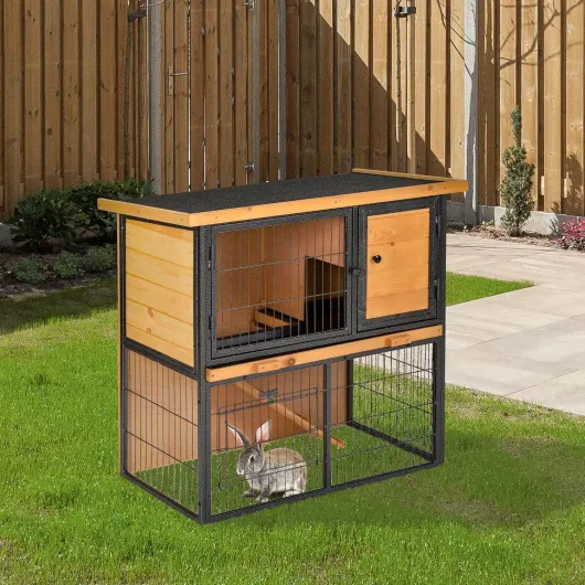 Clapier à Lapin Cage à Lapin 2 Niveaux 3 Portes verrouillables Rampe Toit ouvrant bitûmé métal époxy pin pré-huilé Orange