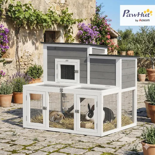Clapier Lapin Extérieur en Bois, Double Toit Ouvrant Imperméable - Cage à Lapin Intérieur 2 Niveaux avec Enclos, Plateau Profond Antifuite et Rampe - Abri Cage pour Rongeurs Poulailler, Gris
