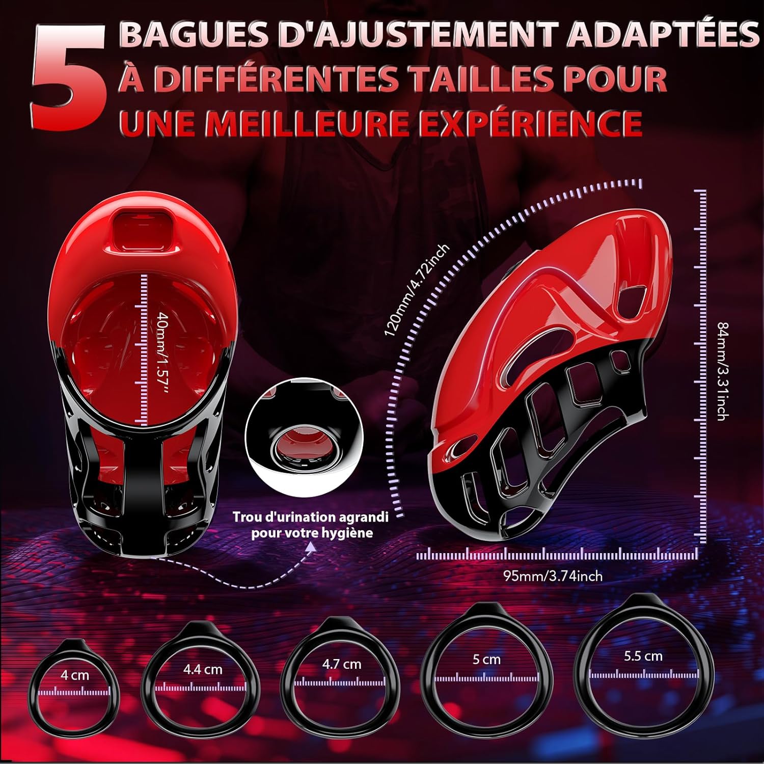 Cage de Chasteté Pénis Sex Toýs homme - Bondage SM avec Ceinture de Chasteté avec 5 Tailles Anneaux de Pénis 2 clés 1 serrure, Cock Chastity Cage Amovibles pour Empêcher L'érection Sex Toýs Couple