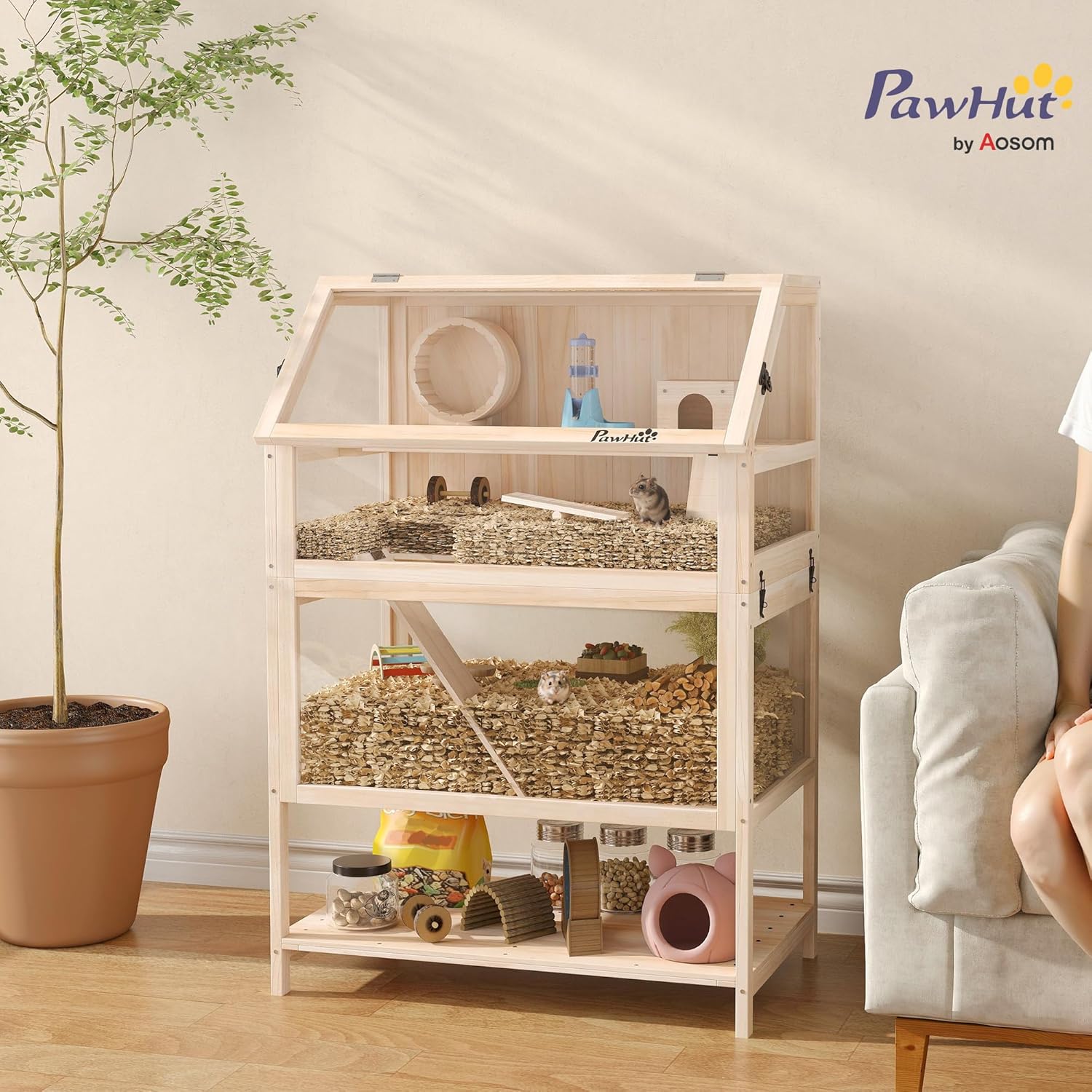 Cage pour Hamster en Bois XXL - Habitat pour Rongeur 3 étages avec Panneau Acrylique et Roue - Maison Petit Animal de Luxe avec Accessoires et étagère de Rangement, 80x53x117cm, Effet Bois