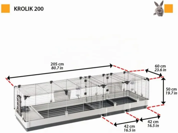 Cage Cochon d'Inde - Cage Lapin - Maison Lapin - Clapier Lapin - accessoires inclus - Ouvrant et modulable 205 x 60 x h 50 CM - Krolik 200 L 205 x l 60 x H 50 cm