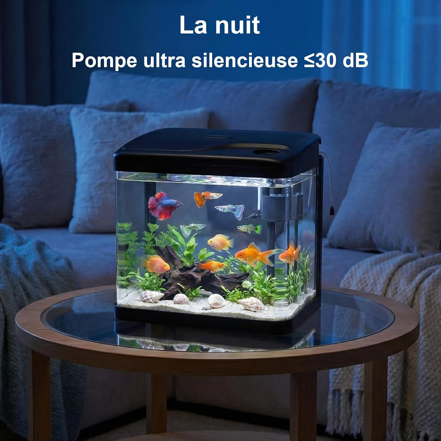 Aquarium Complet 10L,Aquarium en Verre,Aquariums Poisson Rouge,avec Système de Filtration,Couvercle et lumières LED, Pompe à Eau,pour Poissons Combattants, Poissons Rouges, Noir