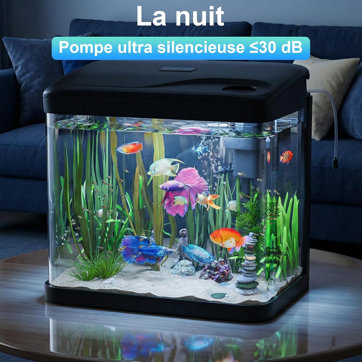 Aquarium Complet 15L,Aquarium en Verre,Aquariums Poisson Rouge,avec Système de Filtration,Couvercle et lumières LED, Pompe à Eau,pour Poissons Combattants, Poissons Rouges, Noir