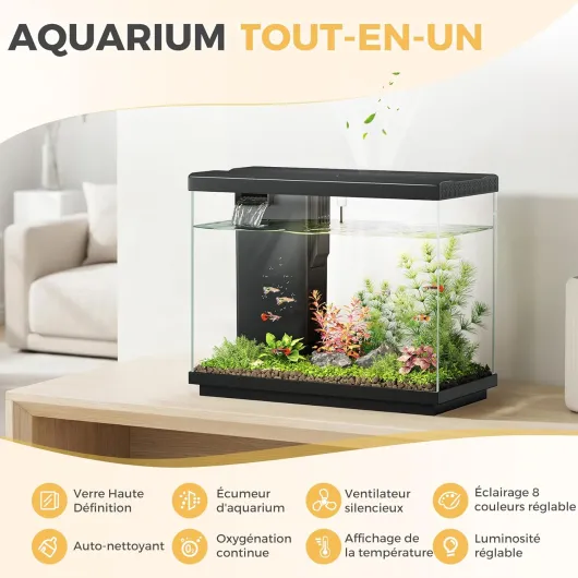 Petit Aquarium 8,3 L pour Combattant avec Filtre 4 en 1 et écumeur de Surface, Pompe silencieuse, éclairage LED 8 Couleurs réglable, Ventilateur, Affichage de la température – idéal Bureau et Maison Noir 8.3L